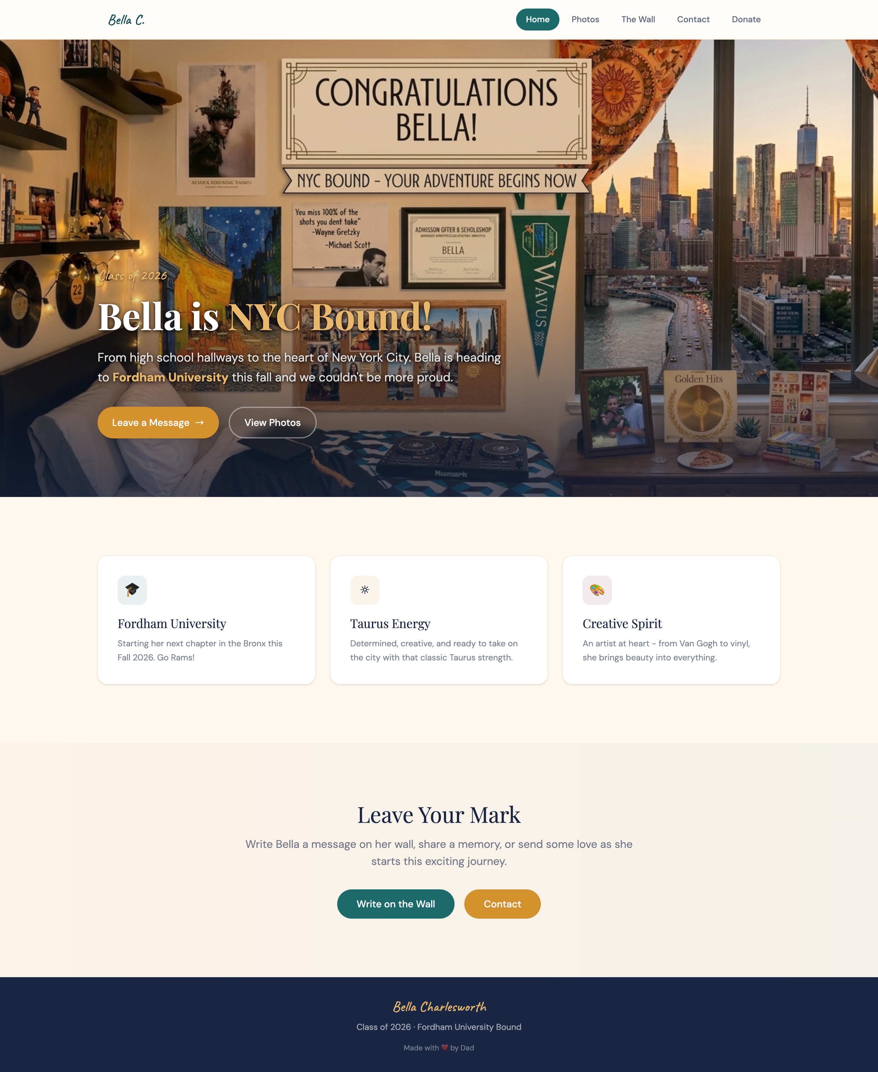 Screenshot of Bella's graduation celebration website showing hero section, feature cards, and message wall