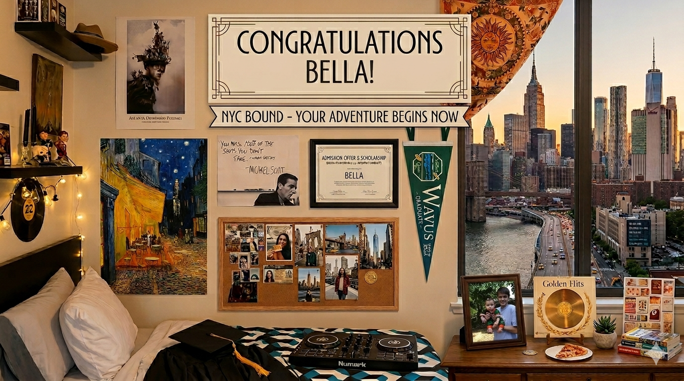 A celebration website showing a graduation hero, message wall, and photo gallery